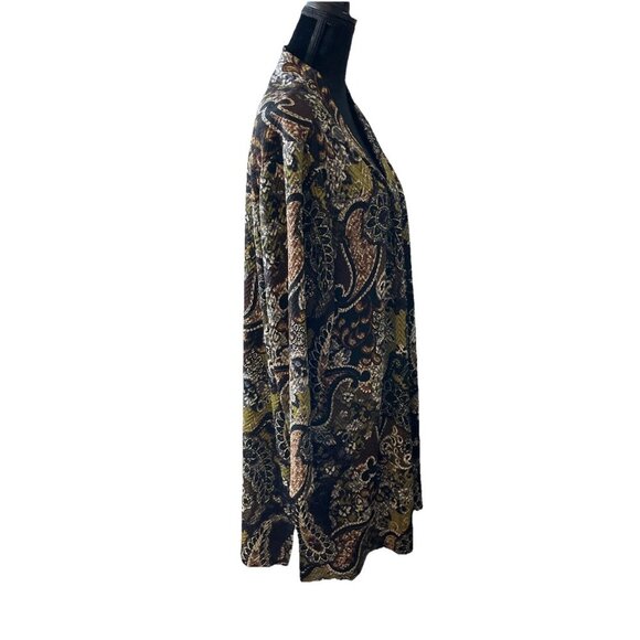 Susan Graver Size 2XP Knit Open Cardigan Brown Green Paisley Floral Resort - Picture 3 of 5